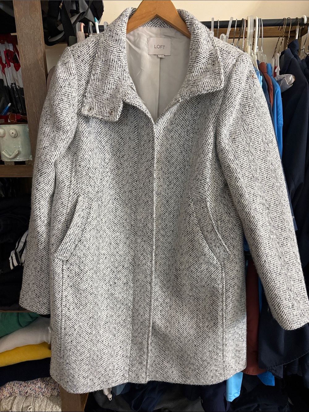 LOFT Gray and White Herringbone Utility Jacket